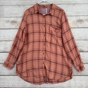 Free People Button Down Linen Plaid Tunic Blouse Womens L Pink Burgundy